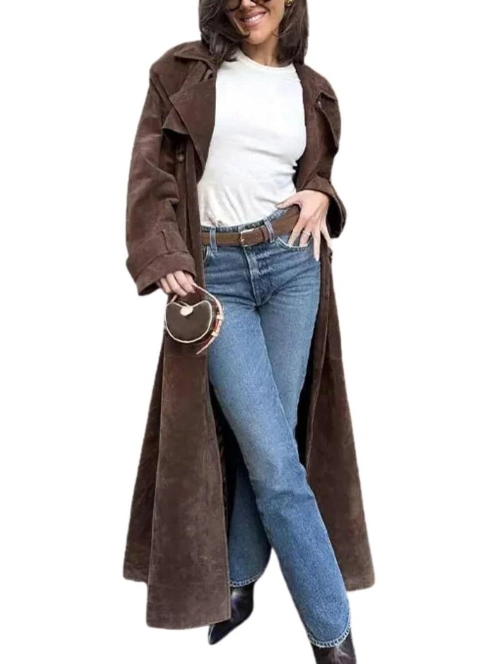 Women’s Brown Faux Suede Trench Coat Double Breasted Belted Long Winter Coats